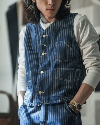 Non Stock Vintage Amekaji Wabash Striped Westen Railroad Work Denim Waistcoats