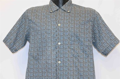 vintage 50s MACYS BLUE BROWN SHORT SLV LOOP COLLAR MEN'S BUTTON DOWN SHIRT MED M