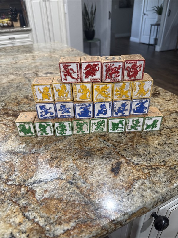 Vtg Children’s Wood Blocks lot of 24 DISNEY Wooden Alphabet, ABC, Crafts, Decor