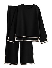 Women's 2 Piece Outfits Long Sleeve Knit Sweater Top Wide Leg Large Black