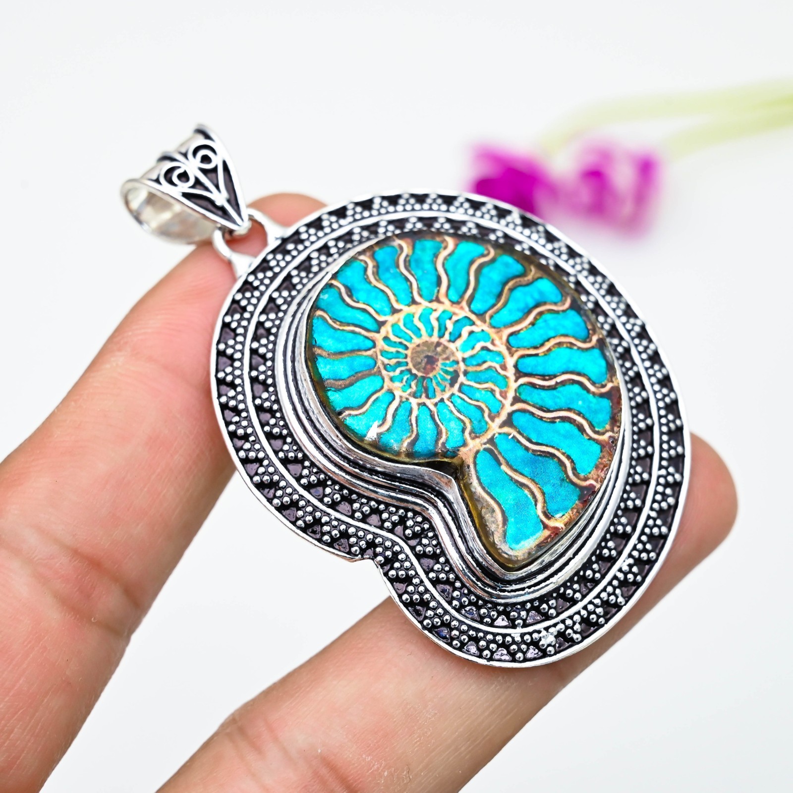 Ammonite Turquoise Gemstone Pendant 925 Sterling Silver Handmade Jewelry Gift
