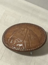 Vintage Tooled Leather Horse Head Oblong Belt Buckle