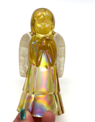 Vintage Fenton Carnival Glass Iridescent Marigold Angel Holding A Bird Figurine - Picture 11 of 11