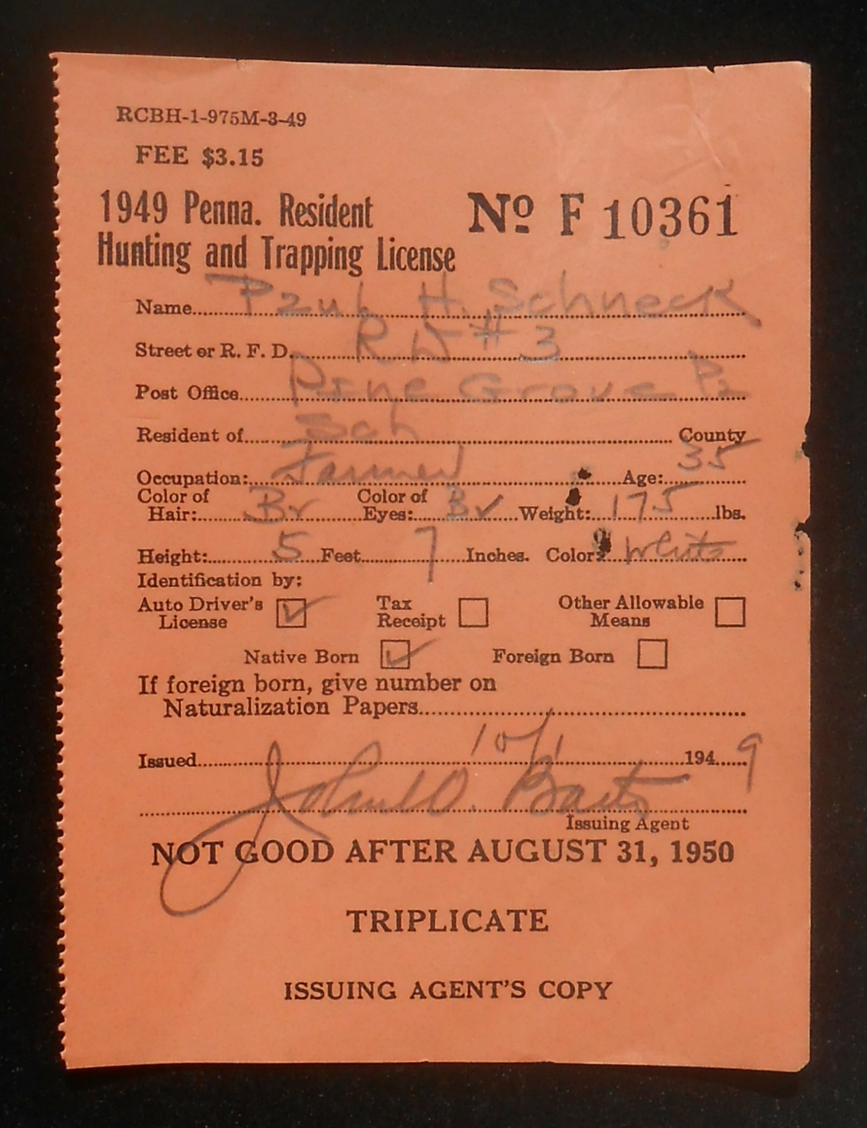 1949 Resident Hunting and Trapping License Paul H. Schneck Farmer Pine Grove PA eBay