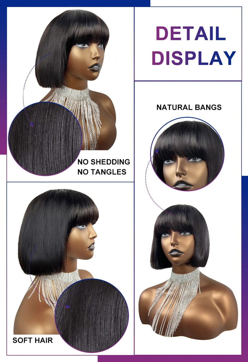 Short Straight Bob Wig With Bangs No Lace Full Machine Made