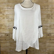 Apt 9 White Crinkle Bell Sleeve Tulip Hem Tunic Top Blouse Pom Pom Trim Boho XL