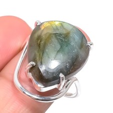 Natural Labradorite Gemstone 925 Sterling Silver Jewelry Ring Size 9 US 