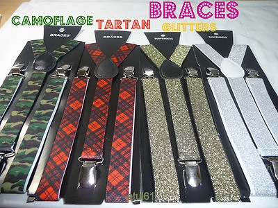 Braces Suspender Adjustable Camoflage Tartan Gold Glitter Black Glitter Accessor