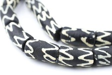 Black Chevron Krobo Beads 11mm Ghana African Black and White Cylinder Glass