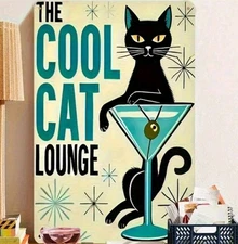 Cool Cat Lounge Metal Sign 12x8 Retro Black Cat Martini Bar Wall Art Home Decor