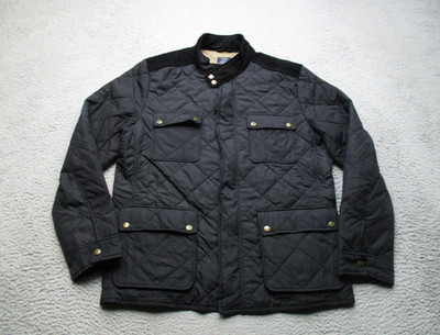 J Crew Authentic Outerwear Jacket Mens Large Black Quilted Coat Corduroy Trim