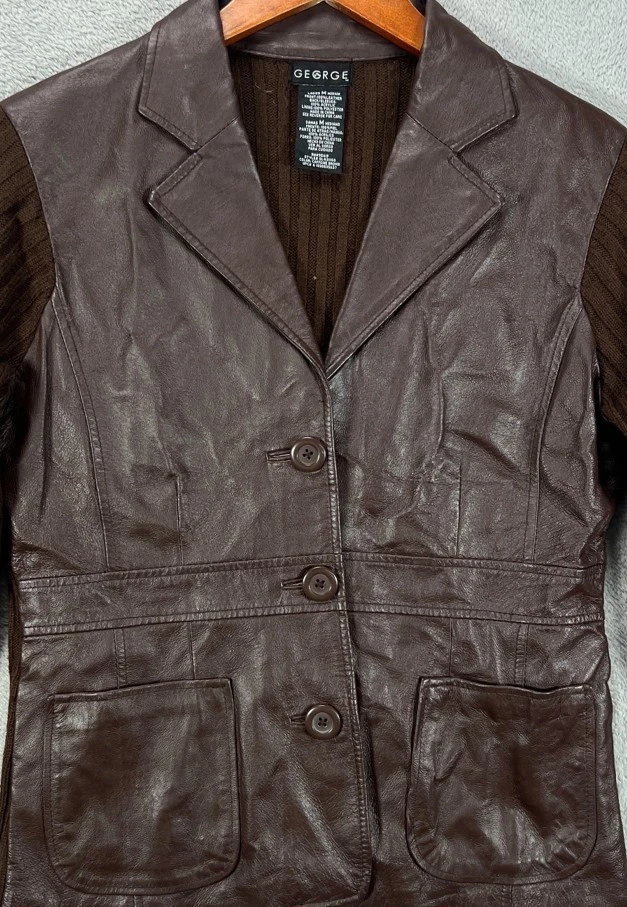 Jaqueta GEORGE VINTAGE Feminina Couro Marrom Escuro Suéter Malha Blazer Retrô Tamanho Médio - Imagem 4 de 4
