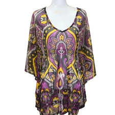 Vintage flowy tunic, black/purple, large, bohemian, global chic, artsy, sheer