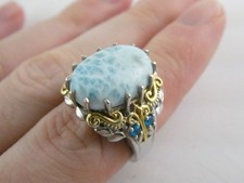 Sterling Silver Larimar and Blue Apatite Gilt Accents Ring 925 Size 8 10 Grams
