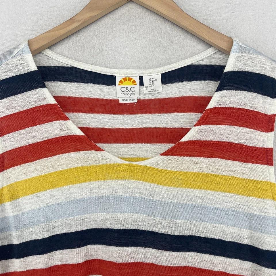 C&C CALIFORNIA Top XL Linen Jersey Striped Sleeveless V-Neck Tank Beach Red - Image 3 of 4