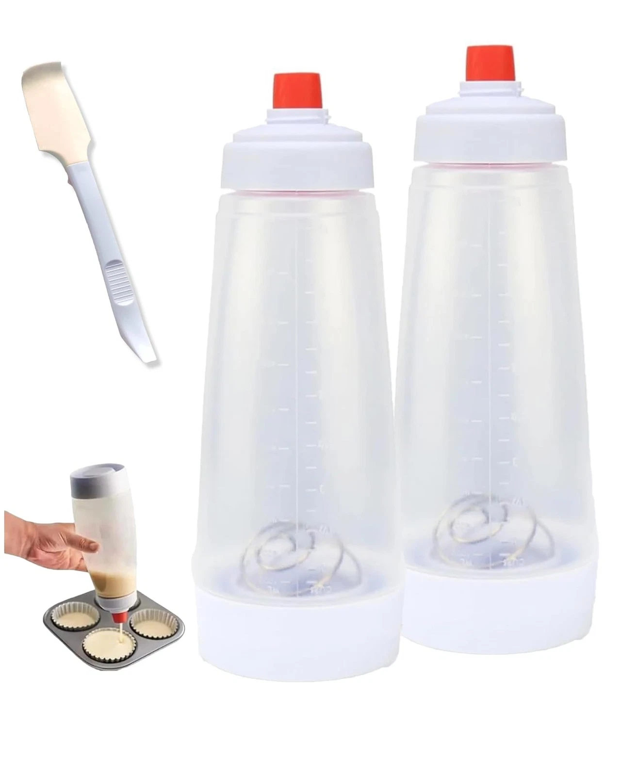 Pancake Batter Dispenser & Mixer with BlenderBall Whisk, 2-Pack 33oz Leak-Pro...