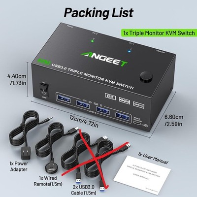 KVM Switch 3 Monitors 2 Computers USB 3.0 with 4 USB 3.0 Ports