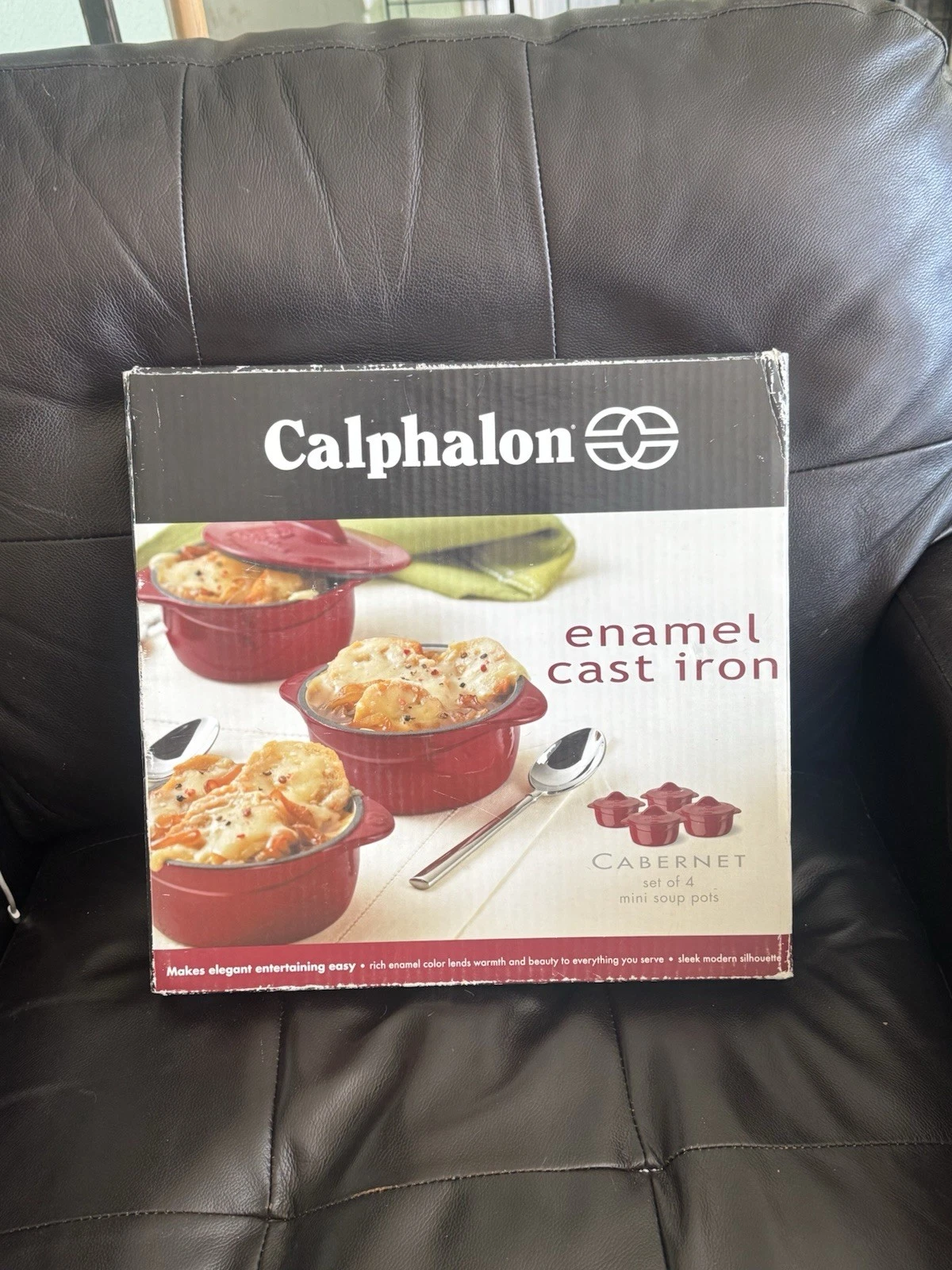 Calphalon Enamel Cast Iron Cabernet Set of 4 Mini Soup Pots with Lids