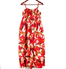 A New Day Smocked Midi Dress S Small Floral Red Orange Tropical Summer Pockets