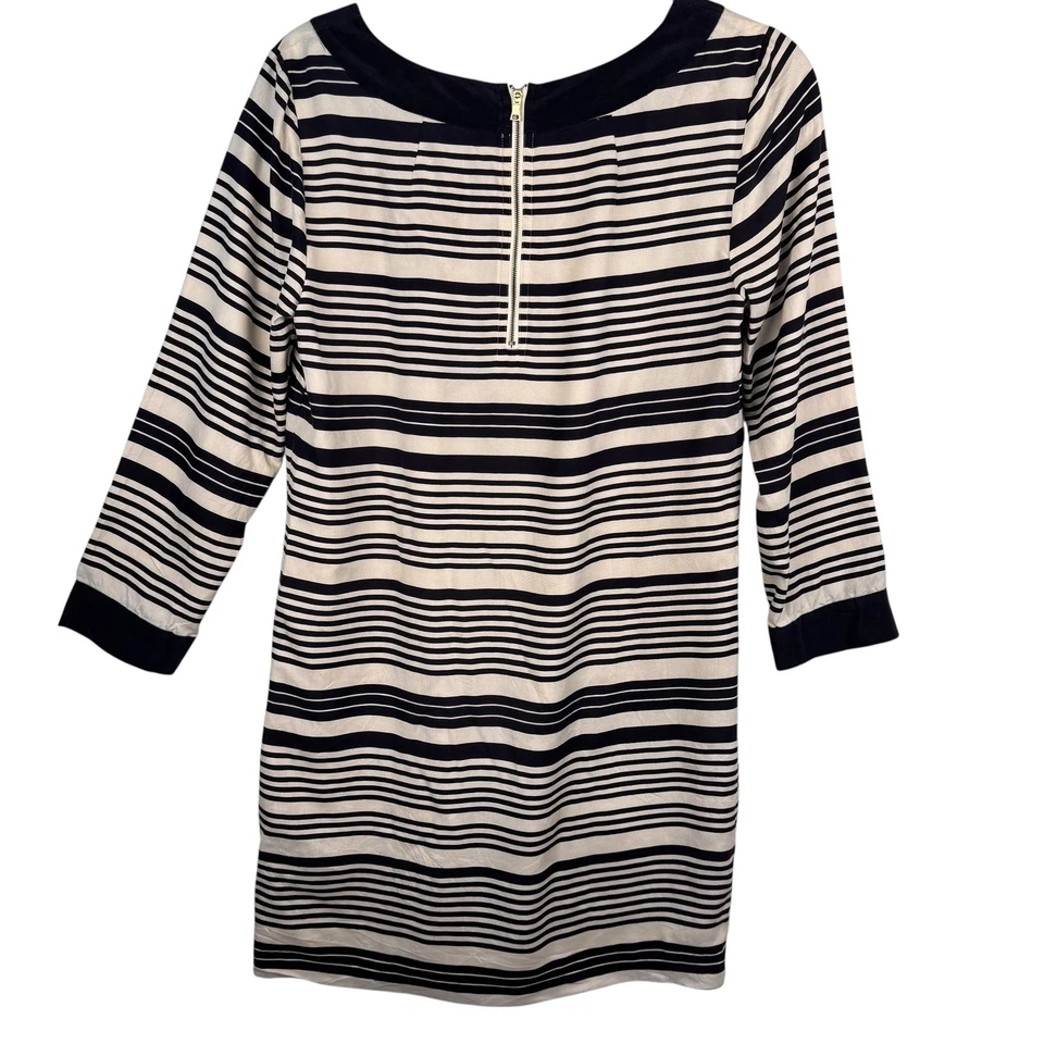 J. Vestido Crew 6 Rayas Azul Marino Crema 100% Seda Cuello Barco Manga 3/4 Forrado Carrera Foto 4 de 4