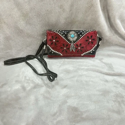 Turquoise Concho Feather Floral Crossbody Western Trifold Wallet Wristlet Red