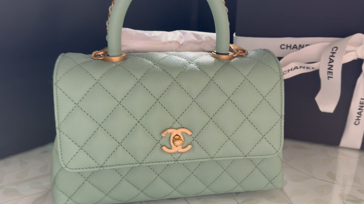 New 23P CHANEL Small Classic Coco Top CHAIN Handle Flap Lt Green