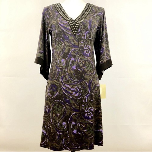 Neu mit Etikett Michael Kors Paisley Nieten Kleid asymmetrisch Glockenärmel lila braun Gr. S - Bild 4 von 8