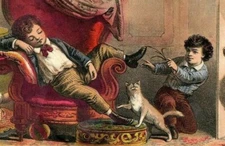 1870's-80's E.W Cross Black Tip Shoes Sleeping Boy Cat Children Joking 7A