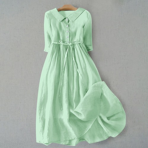 Damen fest Plissee gebunden Kleid Sommer Revers Knopf Baumwolle lang Freizeitkleid - Bild 16 von 42