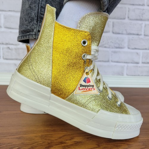 ❤️❤️Converse Chuck 70 Plus Hi Glitter Galore 7 Women Shoes Gold Premium A08176C - Afbeelding 5 van 13