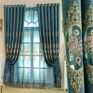 Luxury Blue Blackout Curtains Tulle Chenille Embroidery Hollow Window Drape