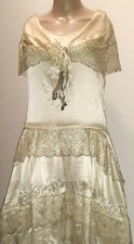 Vtg Antique 20s all Silk GOLD Shimmer Gatsby Flapper Cocktail Dress Sz.M