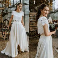 Boho Two Pieces LaceTop Short Sleeve Irregular Skirt Button A-Line Wedding Dress