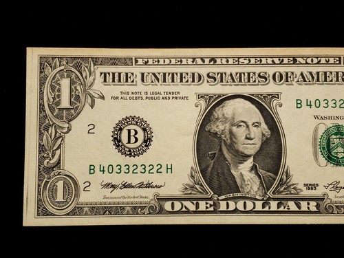 1993 $1 Web Note FRN - Run 7 - BH Block 1/8 - UNC - Ink Smear Error - SKU-CA755 - Picture 3 of 8