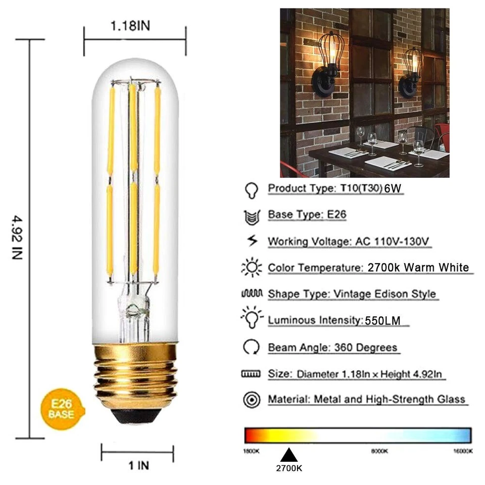 Dimmable T10 LED Bulbs Warm White 2700K,6W LED Tubular Edison Bulbs 550LM, E26 - Image 4 of 4