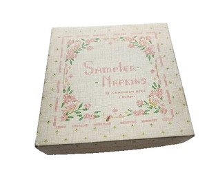 New SAMPLER NAPKINS box. Luncheon 1950s. 5 styles. Needlepoint APPLE PIE Kissing