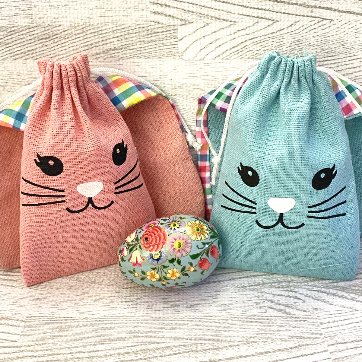 Easter Rabbit Bunny Ears Goody Treat Bags Fabric PC Blue Pink