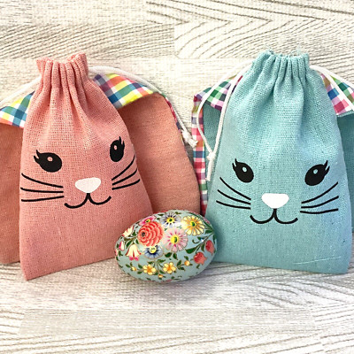 Easter Rabbit Bunny Ears Goody Treat Bags Fabric 4 PC Blue Pink Bag Drawstring