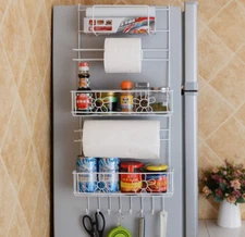 Metal Side Organizer Shelf SkyMall 2-Tier for Refrigerator with Hooks White New