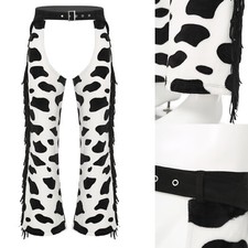 Men's Suede Fringe Western Cowboy Chaps Cow Print Pants Halloween Cosplay Party