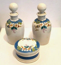 Old French Porcelain Perfume Bottles Stoppers  Powder Box Floral Hand Painted