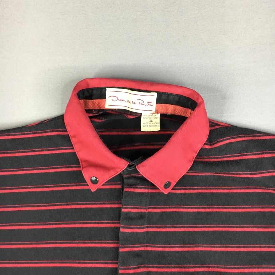 Vintage Oscar De La Renta Polo Men's XL Red Long sleeve 1/4 Button-down Striped - Image 2 of 4