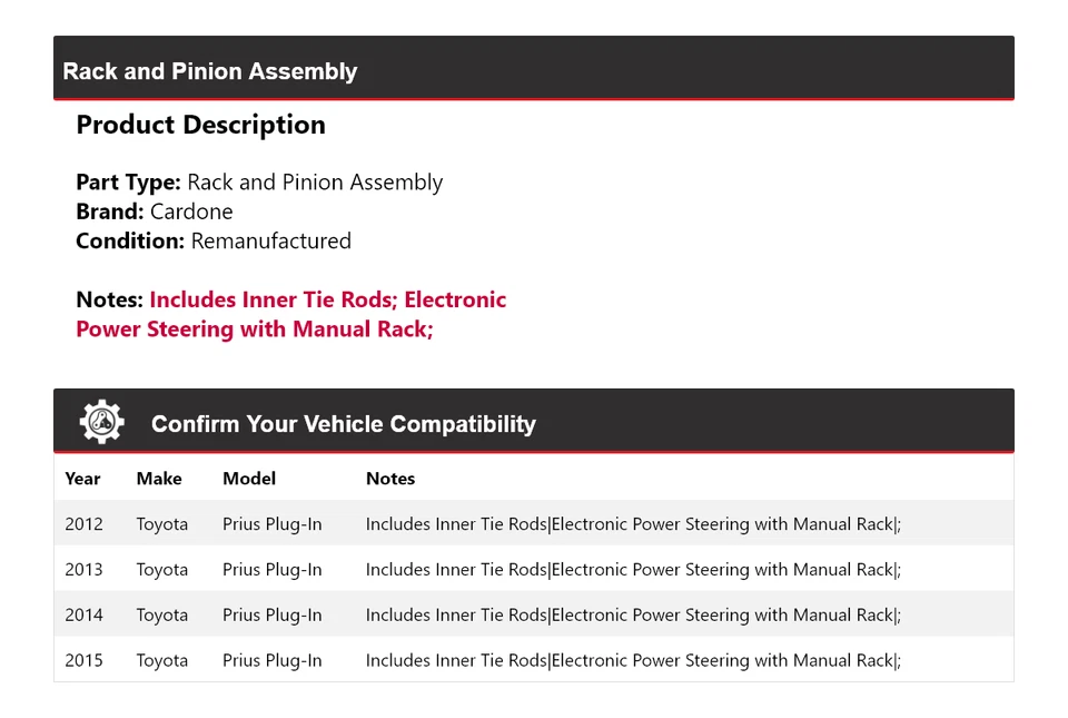 Montaje de piñón y cremallera enchufable Cardone 2013 2014 para Toyota Prius 2012-2015 Foto 2 de 4