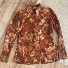 Camisa De Colección Años 70 Impresión Fotográfica Nylon Mujer Floral Sepia Marrón Discoteca S Pequeña