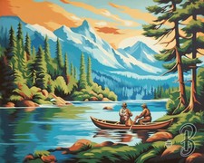 Stream and Boat in the Mountain Forest - Printed Needlepoint Canvas