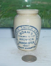 NICE VICTORIAN POTTERY CROCK WITH LOTS OF BLUE WRITTING
