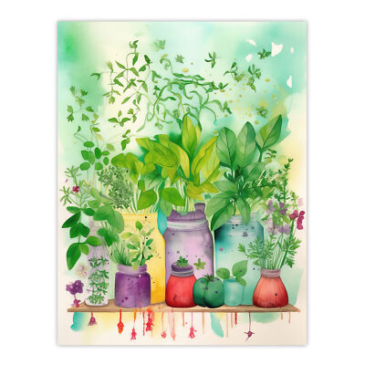 The Herb Shelf Folk Art Watercolour Bright Kitchen Artwork Wall Art Poster Print