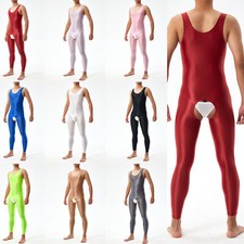 Mens Bodysuit Glossy Leotard Wrestling Crotchless Jumpsuit Nightclub Nightwear