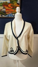 VTG Bryn Connelly White Nautical Button Black Trim Cardigan Sweater Sz Medium M