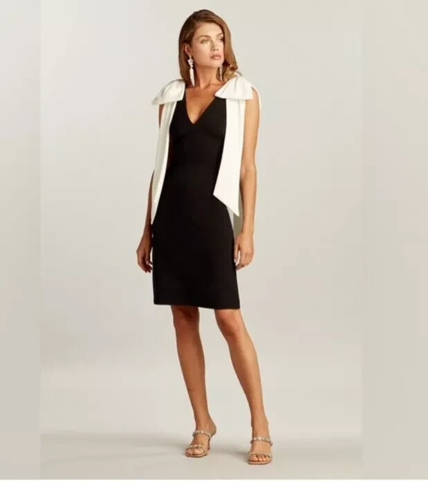 Tadashi Shoji Black And White Sleeveless Sheath Dress Cascading White Bows M Tadashi Shoji Black And White Sleeveless Sheath Dress Cascading White Bows M